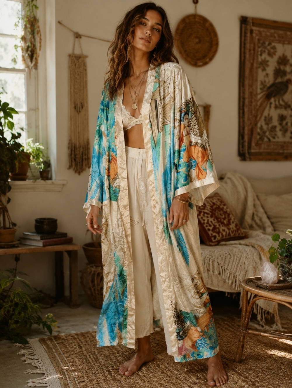 Silky Feel Open Duster Kimono Robe Mermaid Floral Boho